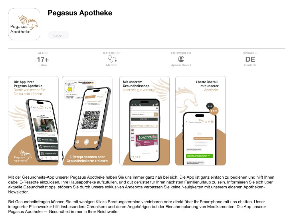 Die Darstellung der apoHome-App im Appstore am Beispiel der Pegasus Apotheke.